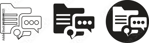 Communication folder icon set with message bubbles and document lines in bold, outline, and circle styles, perfect for apps, UI, digital storage, or chat-based communication tools.