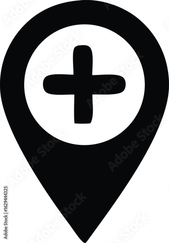 A bold black map pin icon with a white circle containing a plus sign representing a medical location or healthcare facility