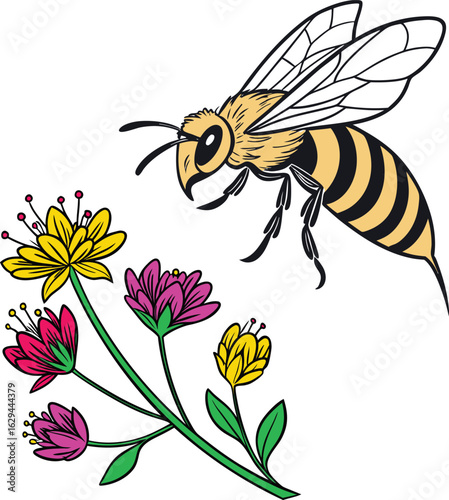 Colorful bee flying near blooming spring flowers illustration. Perfect for nature, pollination, or garden themes. Hand-drawn vector art for eco-friendly or seasonal design projects.