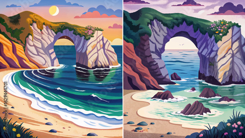 Coastal arch formed by wave erosion and cliff landscape
