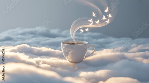 Coffee cup in the clouds with flying birds