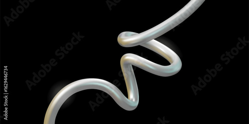 Chrome metallic abstract curve, vector 3d background. Silver spiral shape, y2k wavy banner template