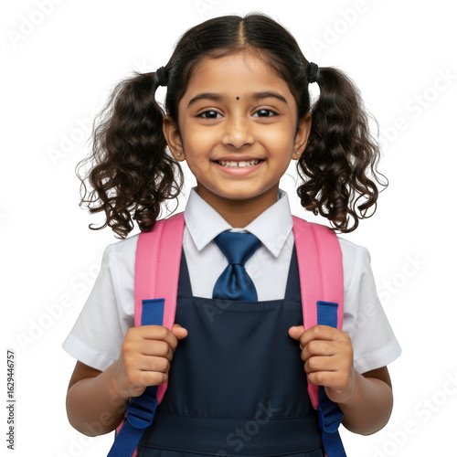 A young indian schoolgirl with pigtails and a backpack smiling brightly ready for learning isolated on transparent background
