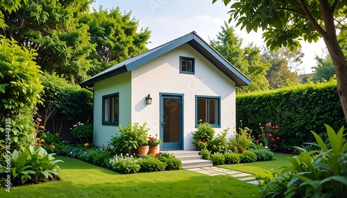 Charming small house nestled in lush garden setting with vibrant greenery