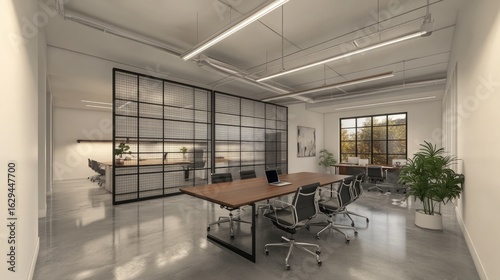 Contemporary Meeting Room Interior with Wood Table Black Chairs and Industrial Elements