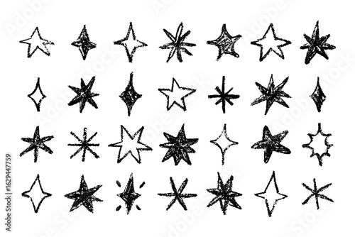 Hand drawn chalk stars set. Vector crayon line texture. Funny twinkle icons. Childish illustration