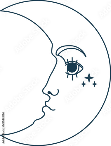 Crescent moon with human face vector illustration. Moon with star vector icon isolated on white background. Geometrical celestial line graphic. Half moon with star. Spiritual tarot moon with face