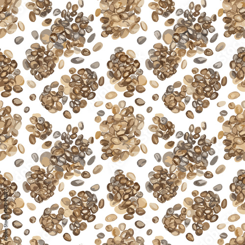 Seamless pattern of chia seeds scattered in various shades of brown and gray on a white background, creating a natural texture