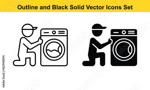 Appliance Repair Technician: Outline and Solid Black Vector Icons Set,  Professional, Simple Style,  Home Repair Service Concept.