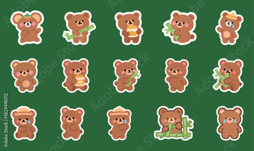 A collection of cute cartoon bears, vector illustration set depicting them with honey and bamboo, with a range of emotions.