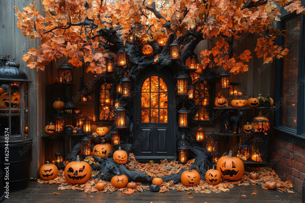 Obraz premium Halloween tree adorned with pumpkins and candles.