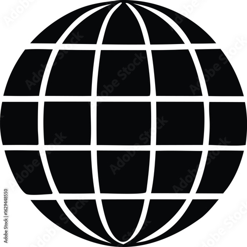 Stylized black and white globe icon featuring a grid of white lines representing latitude and longitude