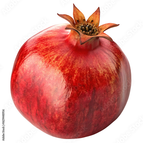 Pomegranate, one pomegranate isolated, light falling on it from an angle making it more visible and attractive, close-up, transparent background
