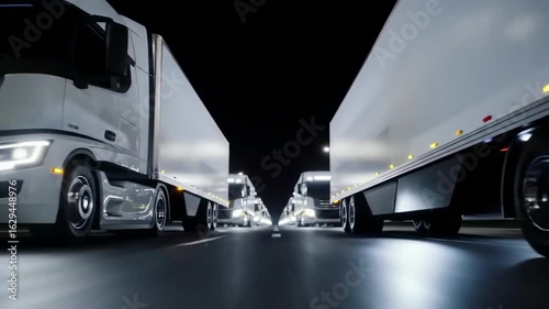 White semi trucks line up on highway at night