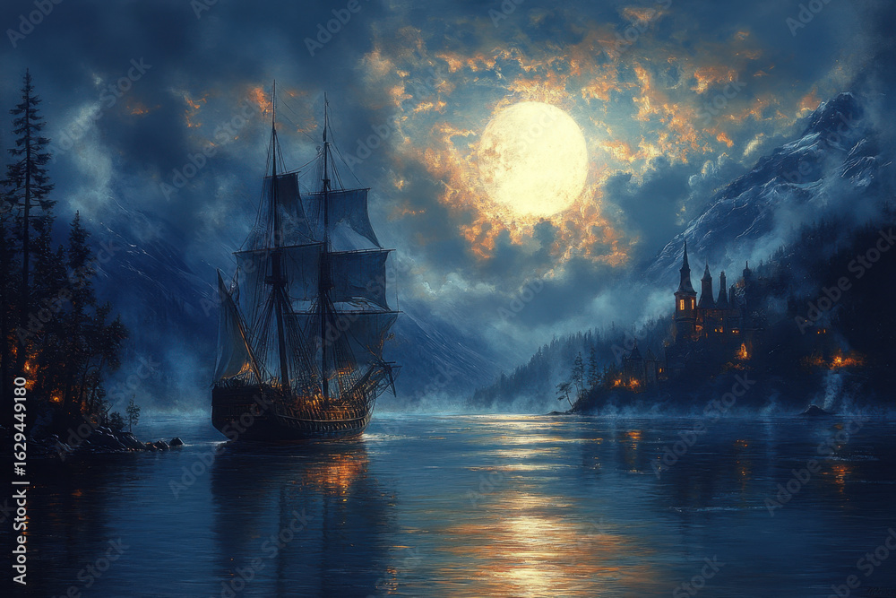 Obraz premium Ship sailing under full moon on lake.