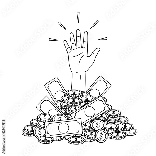 A hand reaching out from a pile of money coins and bills in a black and white line drawing illustration