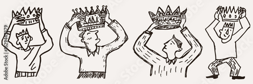 Four cartoon figures joyfully hold crowns above their heads, each with unique expression and style. simple line art and playful design convey sense of celebration and achievement