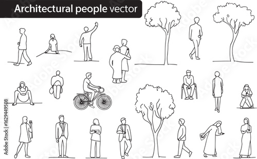 Architectural People Vector Graphic with Trees and Various Human Figures in Outline Style for Creative Design Projects