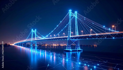 Night scene of a suspension bridge illuminated with blue digital network lines reflected in calm water