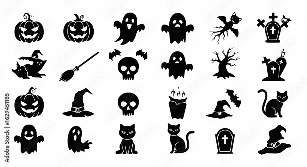 Fototapeta premium Black Halloween Silhouettes: Pumpkin, Ghosts, Bats, Witch, Cat, Skull Icons