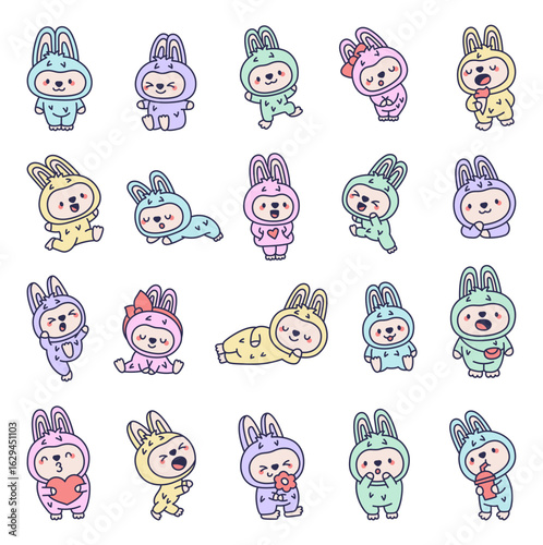 Bunnie costume kawaii character set adorable animal showing various cute poses and emotions such as sitting smiling dancing laughing eating holding sleeping