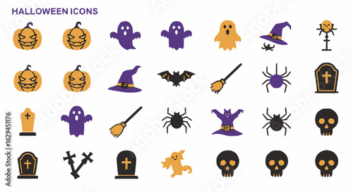 Halloween Silhouettes: Pumpkin, Ghosts, Bats, Witch, Cat, Skull Icons