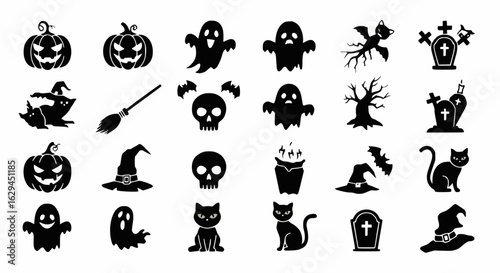 Black Halloween Silhouettes: Pumpkin, Ghosts, Bats, Witch, Cat, Skull Icons