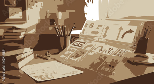 school desk with an open binder of flashcards, books, and pencils, capturing the classroom learning environment.