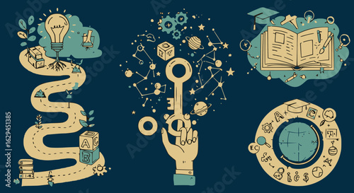 Knowledge, learning and creativity doodles vector art with light bulb, key, book and graduation cap.