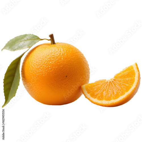 Fresh orange fruit and slice isolated with leaves on transparent background
