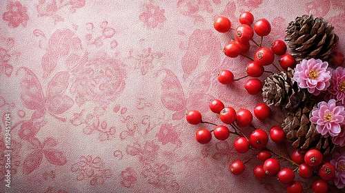 Festive Collection: Pine Cones and Red Berries on Right Side of Pink Damask Background with Copy Space for Cards and Wallpaper