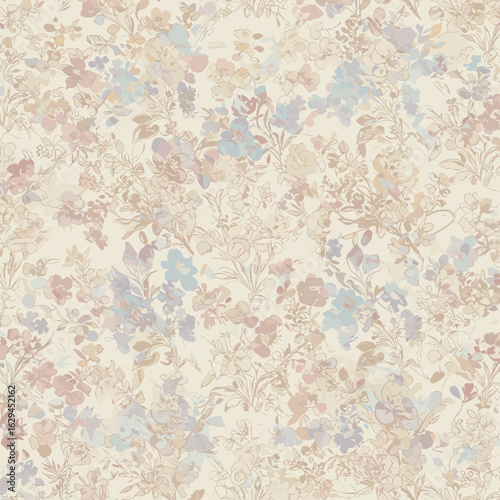 Delicate floral pattern with soft pastel colors and intricate line work creating a vintage aesthetic for backgrounds