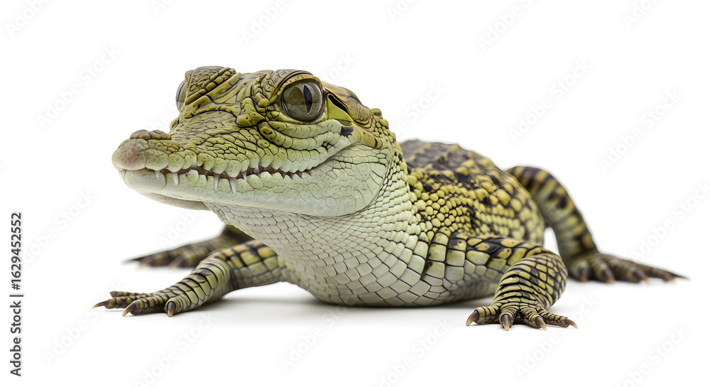 Obraz premium 白い背景に輝くワニの子、愛らしい瞳と模様. AI Generated