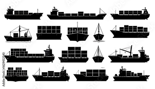 Collection of black vector cargo ship icons isolated on white background illustration