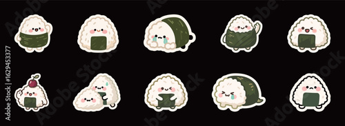 A set of cute cartoon onigiri, vector illustration collection of Japanese rice balls with nori and funny facial expressions.
