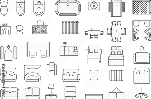 Furniture and Fixtures Top View Icons for Interior Design and Architectural Plans Home Decor Elements for Room Layouts