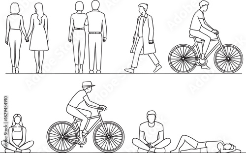 Line art depicting various people engaged in outdoor activities and leisure pursuits in minimalist black and white design