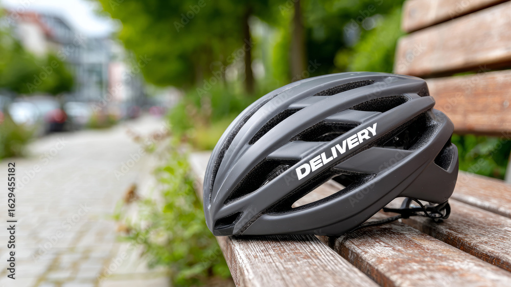 Fototapeta premium Black bicycle helmet on a park bench with blurred urban background.