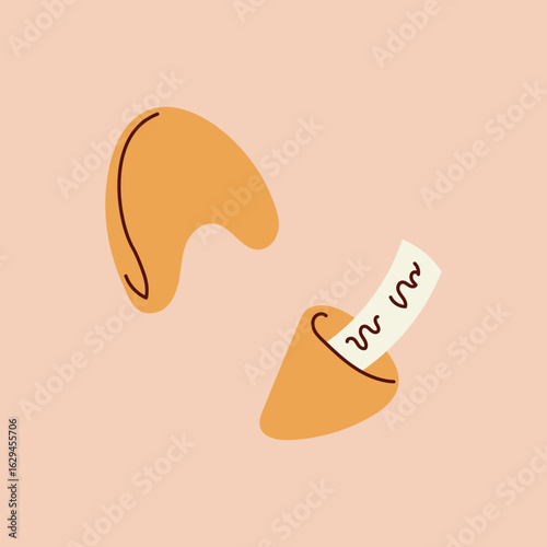 Fortune Cookie with Paper Strip. Cartoon style Chinese Prediction Snack with note inside. Flat hand drawn element for New Year decor. Vector Illustration
