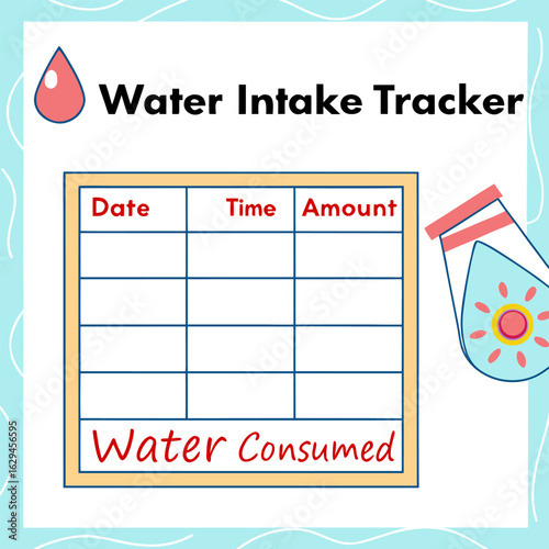 A visually appealing water intake tracker chart with columns for date time and amount to help users monitor their daily hydration goals and promote healthy habits
