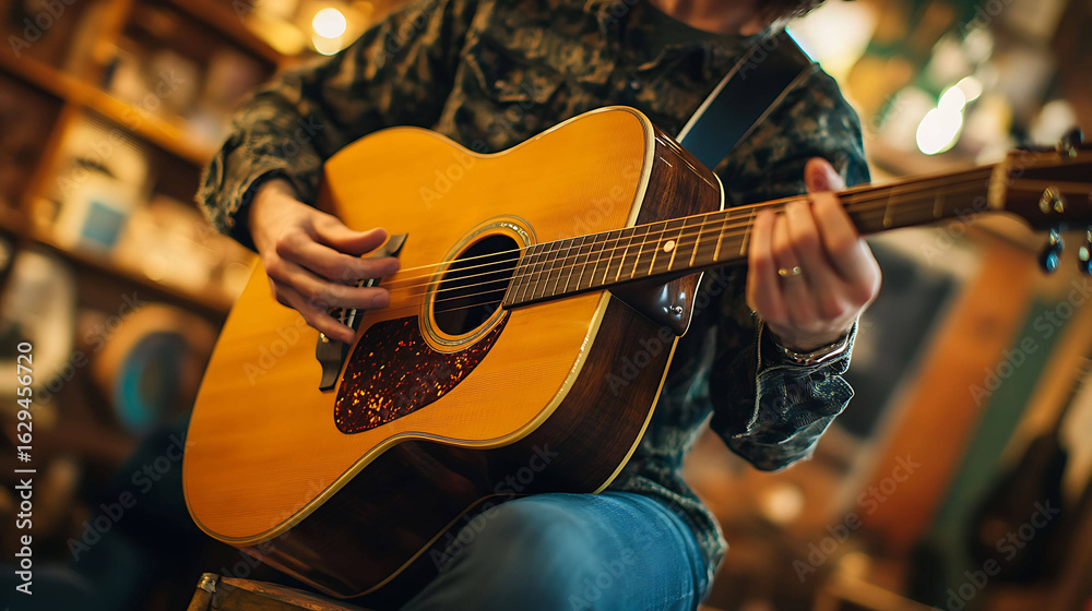 Fototapeta premium A boutique guitar shop with acoustic instruments and friendly staff