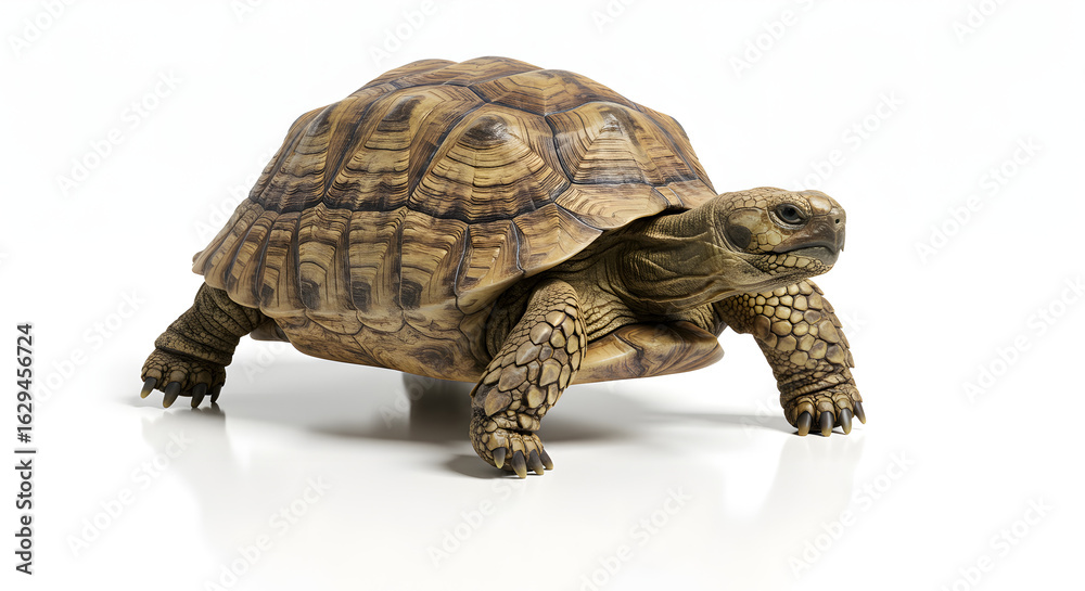 Fototapeta premium ゆっくり歩く亀 白背景 スタジオ撮影 自然光. AI Generated