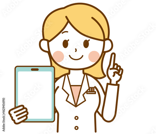 タブレットを持ってポイントを説明する白衣の女性のイラスト