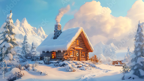 A cozy winter scene with a snow-covered cabin and smoke from the chimney