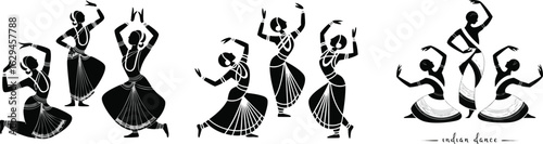 Black and White Illustration of Women Performing Traditional Indian Dance Poses Silhouettes