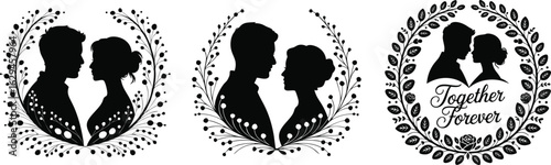 Black and White Silhouettes of Couples Framed with Floral Wreaths Wedding or Anniversary Art