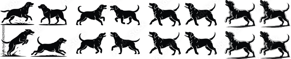 Obraz premium Black Labrador Retriever Silhouettes in Various Poses Running, Standing, Howling, and Playing Together