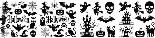 Black Halloween Silhouettes Witches, Ghosts, Bats, Skulls, Haunted Houses, Pumpkins, Cats, Spiders, Owls