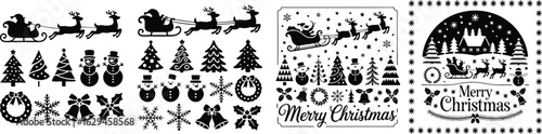 Black Silhouettes of Santa, Reindeer, Trees, Snowmen, Wreaths, and Merry Christmas on White Background