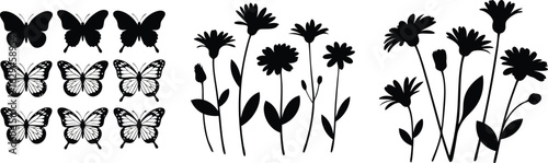 Butterfly and Flower Silhouettes Black Floral Designs on White Background, Graphics, and Art